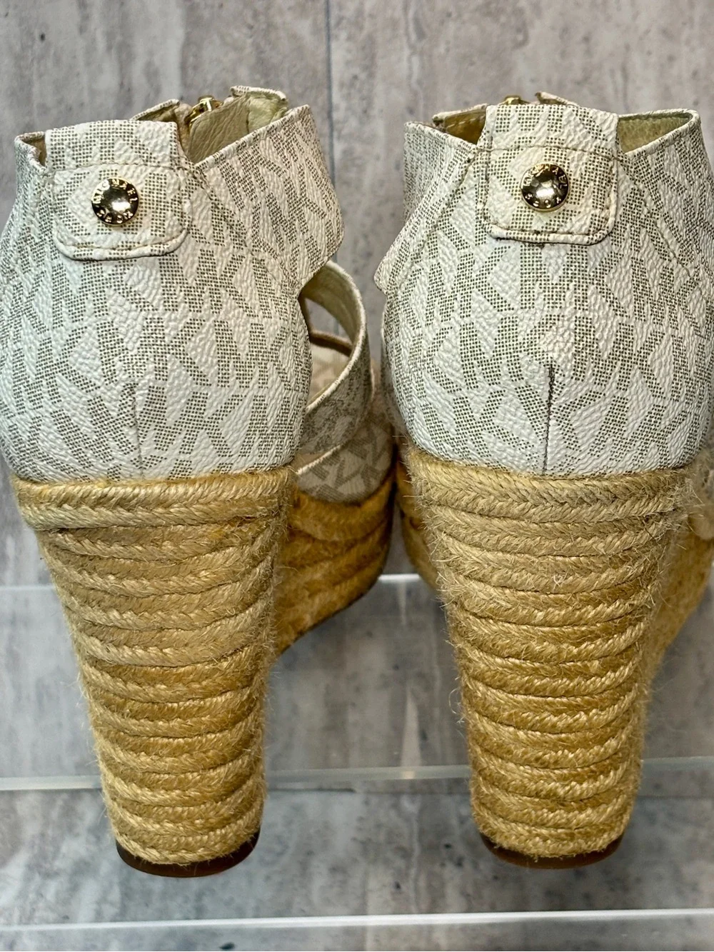 Michael Kors Damita Ivory White Logo  Zip Wedge Heels Sandals Sz 7.5M